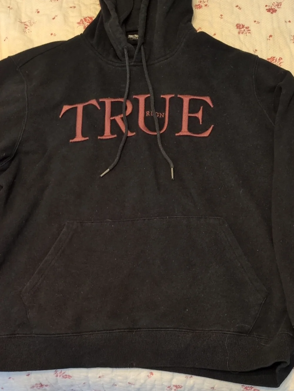 True Religion Black Hoodie with Maroon TRUE RLGN Chest Logo
